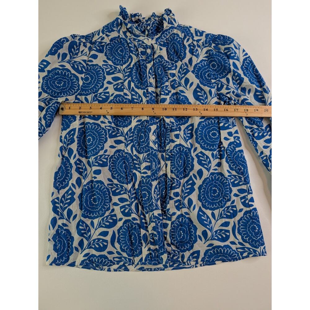 Boden Felicity Cotton Blouse - White & Blue Floral Button-Up Ruffles Sz 6 - Picture 3 of 10